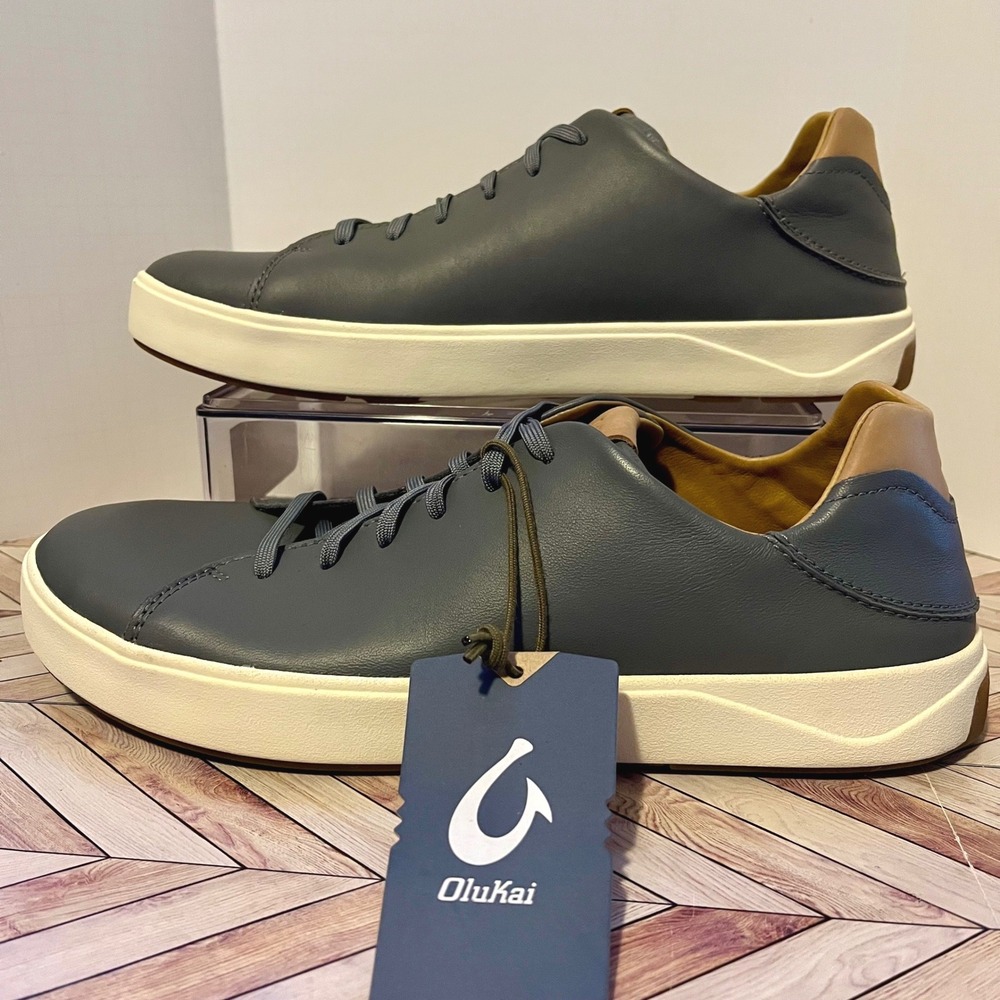 OluKai Lae'ahi Li 'Ili Mens 10.5 EU 43.5 Stone Grey Leather Sneakers 10455-4Q4Q